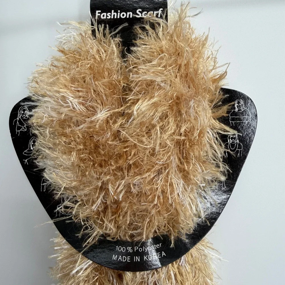 Y2K Fuzzy Fluffy Eyelash Knit Tube Scarf Fairy Whimsy Grunge Tan